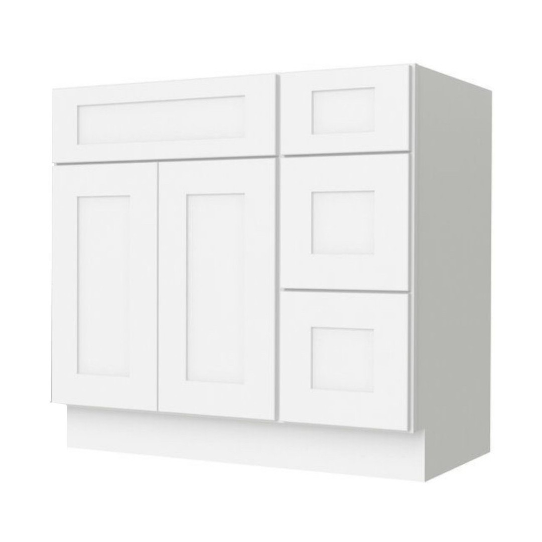 36 inch Dove White Shaker Vanity Base with Toe Kick  Drawer Right