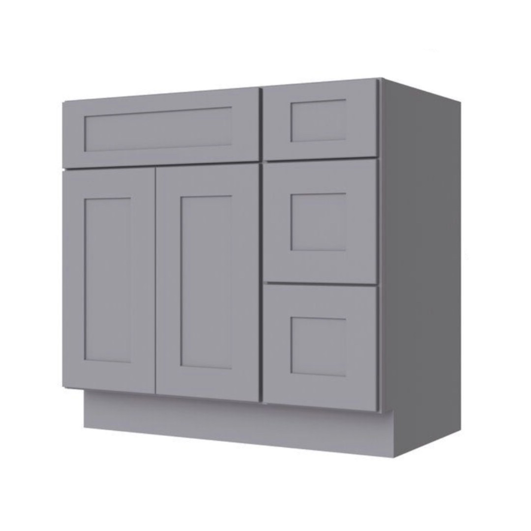 36 inch Grey Shaker Vanity Base with Toe Kick Drawer Right