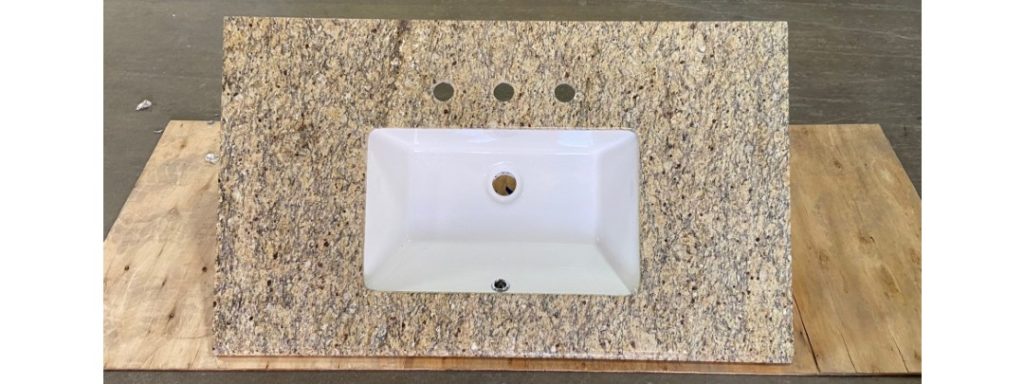 37 inches wide, by 22 inches deep, New Venetian Gold Granite Vanity Top with undermount porcelain sink attached