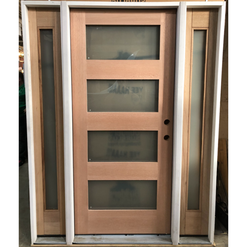 4-Lite Rubi Frosted Glass Mahogany Exterior Wood Door w Sidelites - Left Hand Inswing