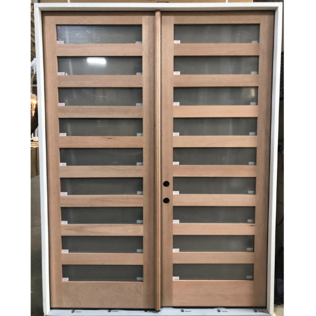 9-Lite Frosted Glass Mahogany Double Exterior Wood Door - Right Hand Inswing