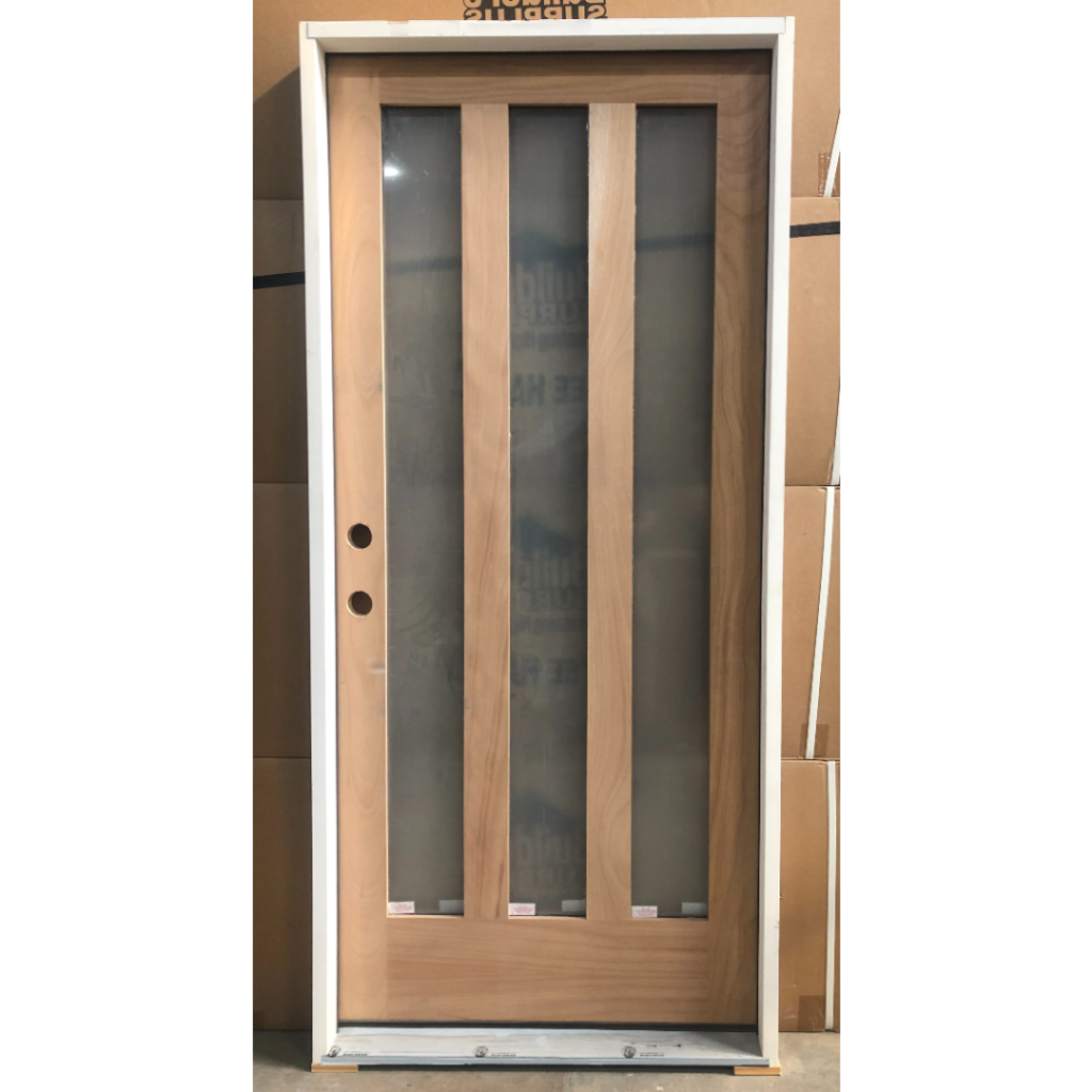 CCM300 3-Lite Vertical Frosted Glass Mahogany Exterior Wood Door -Right Hand Inswing