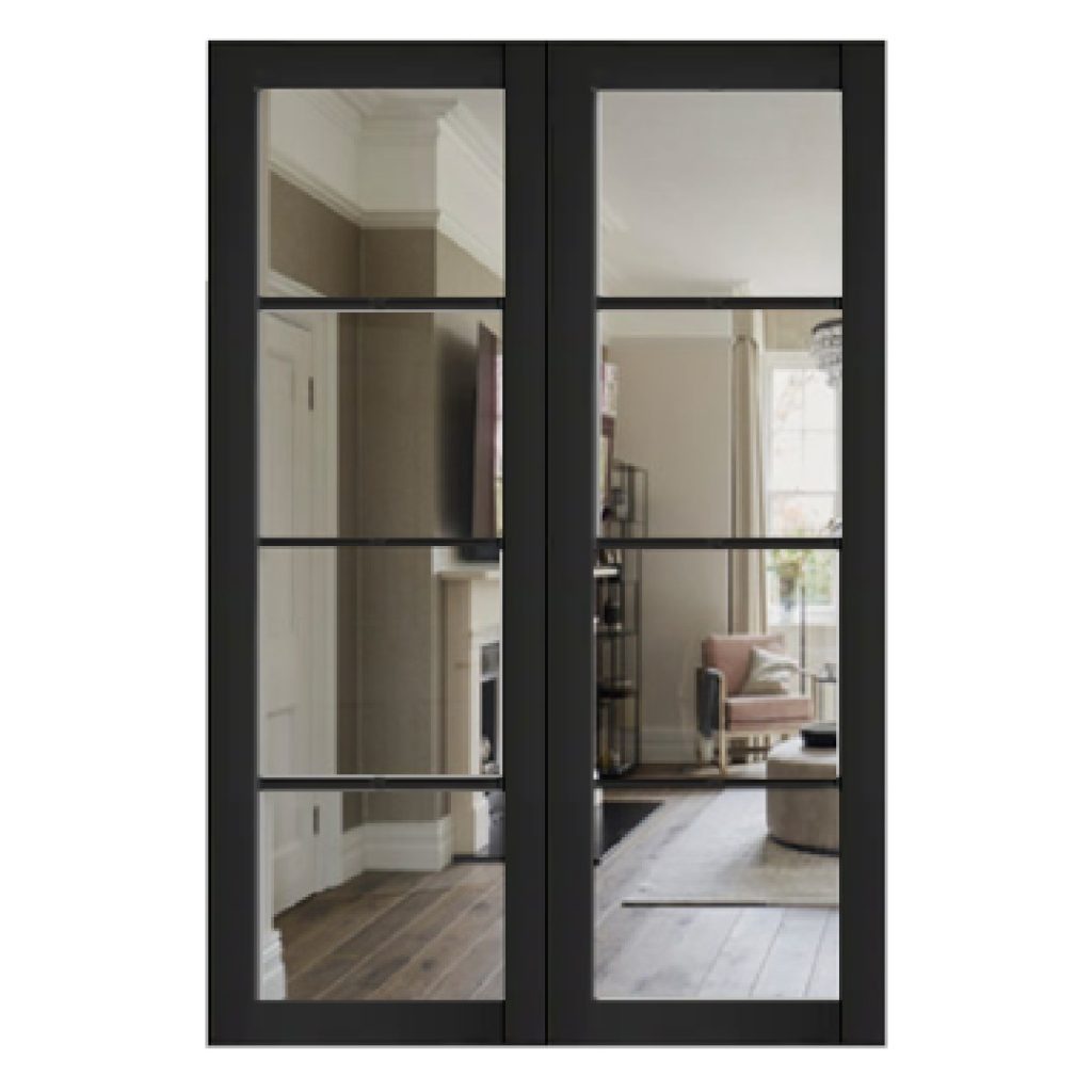 48"x96" 3 Lite Pine Interior French Door with Clear Glass - Black