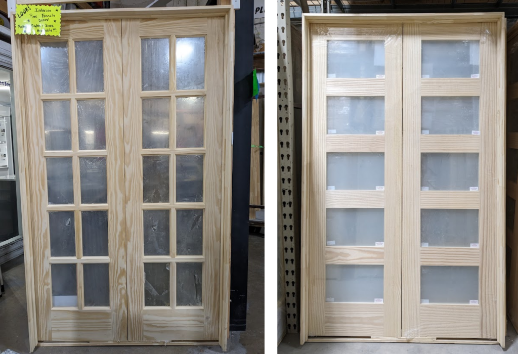 Two pine interior doors with glass. The door on the left is a double 10 Lite. The door on the right is a double 5 panel shaker with frosted glass.