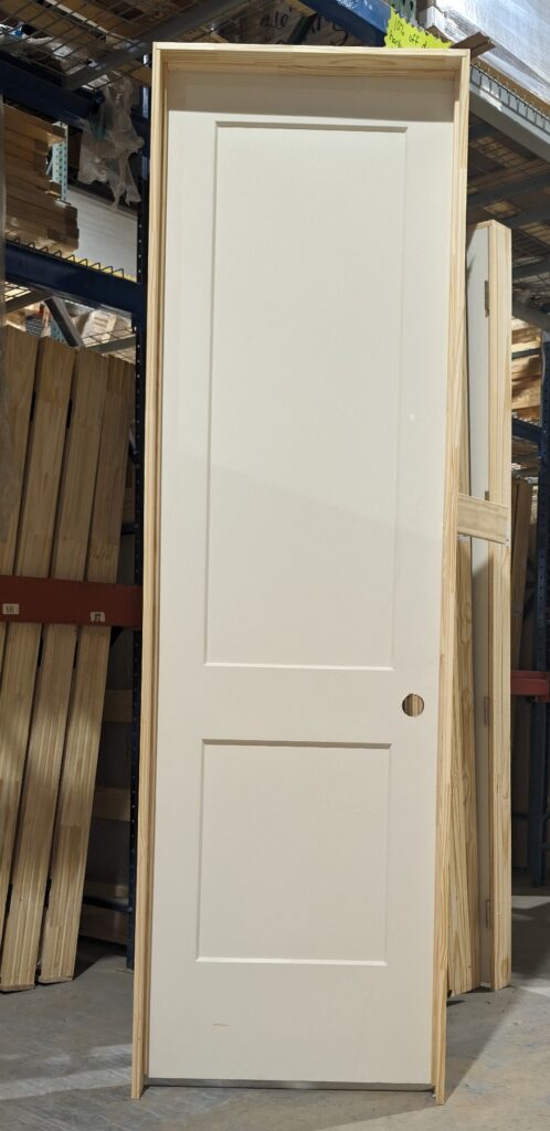 Prehung 28 inch by 96 inch 2 Panel Shaker Hollow Core Interior Door with four an nine sixteenths pine jambs
