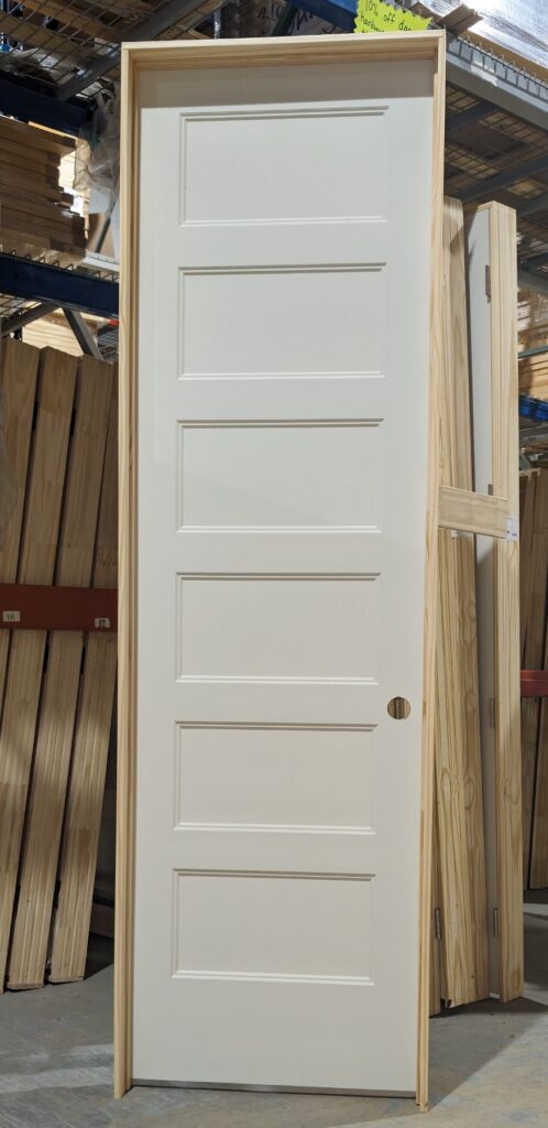Prehung 28 inch by 96 inch 6 Panel Shaker Hollow Core Interior Door with four an nine sixteenths pine jambs