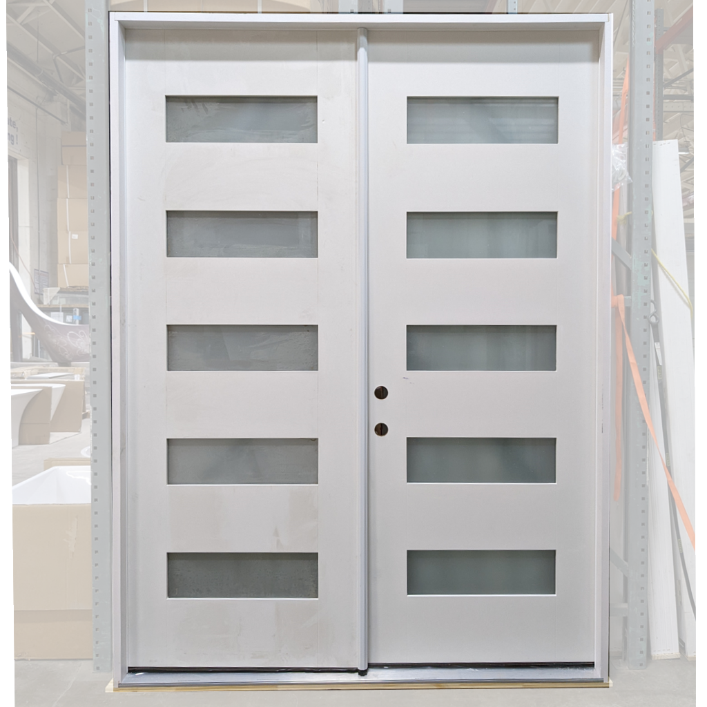 8 ft 5 Lite Frosted Modern Exterior Fiberglass Double Front Entry Door - Right inswing