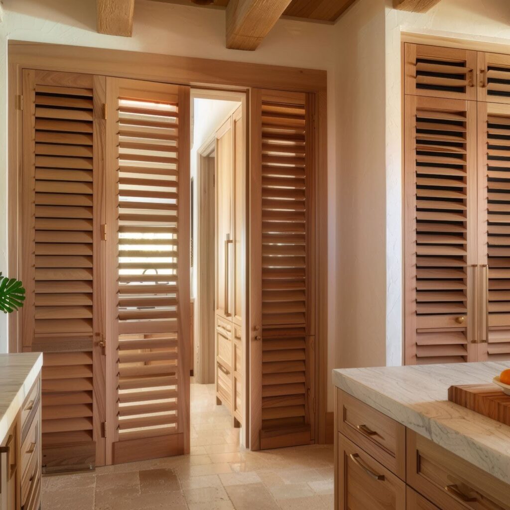 Brown louver doors opening up to a utility room from the kitchen.