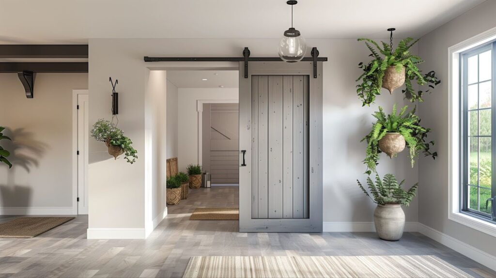 A grey, rustic barn door in a sunlit living area.