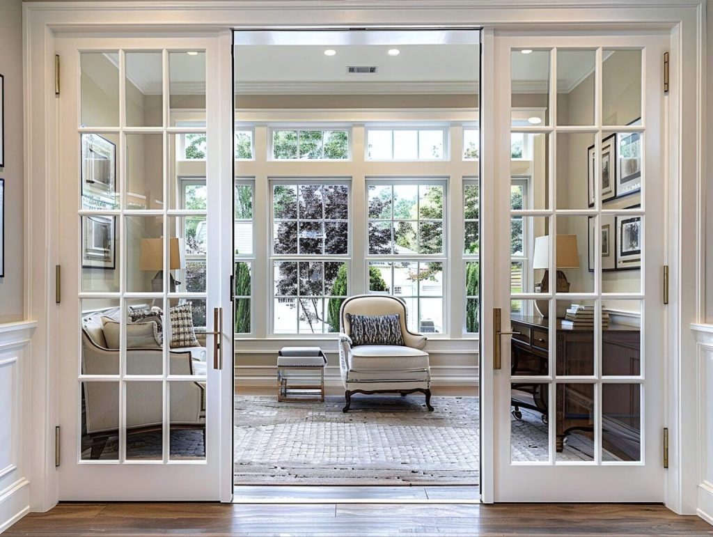 A white room with high ceilings and French doors 