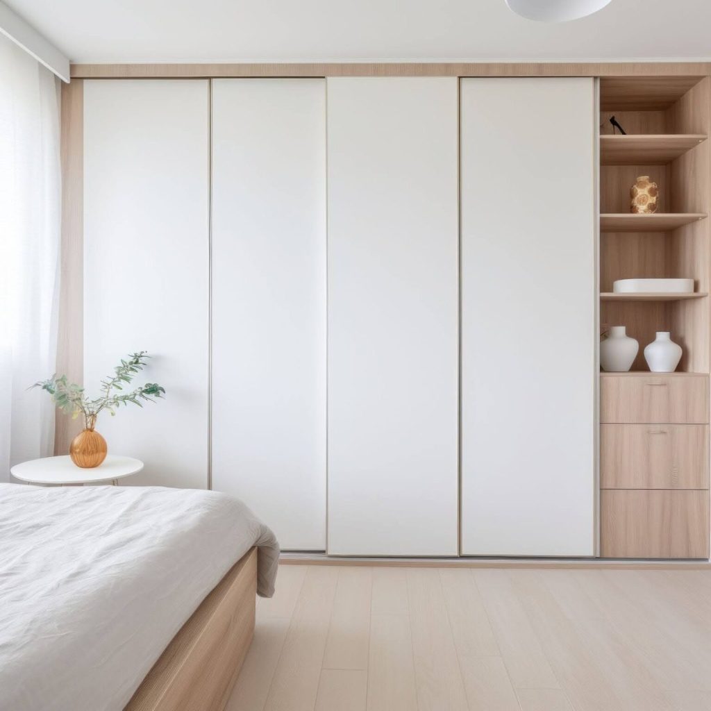 A large wall-length closet with white sliding doors 