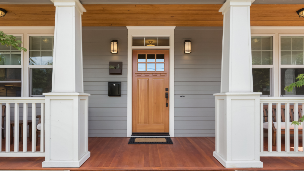 A white house with a fiberglass door and a porch
